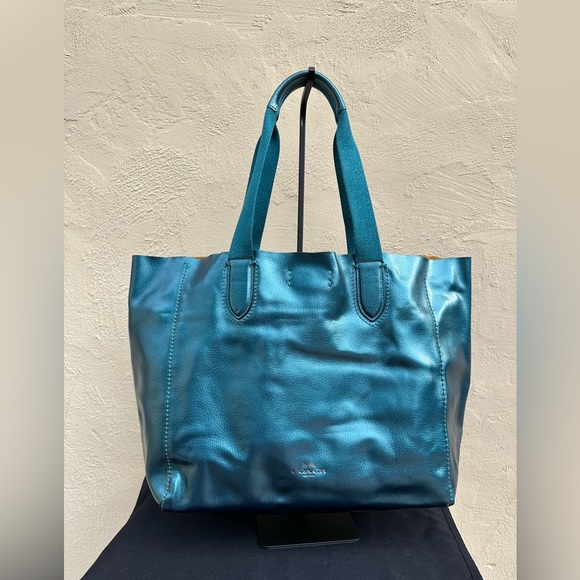 🧜‍♀️Coach Metallic Teal Derby Leather Tote F59388.🧜‍♀️